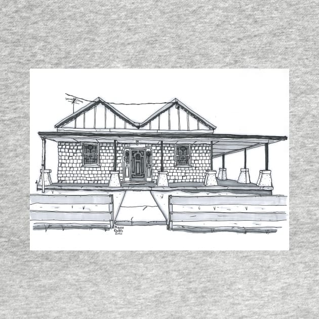 Australian Brick Homestead Old House Pen & Ink Greyscale Black & White Drawing. by NutsnGum